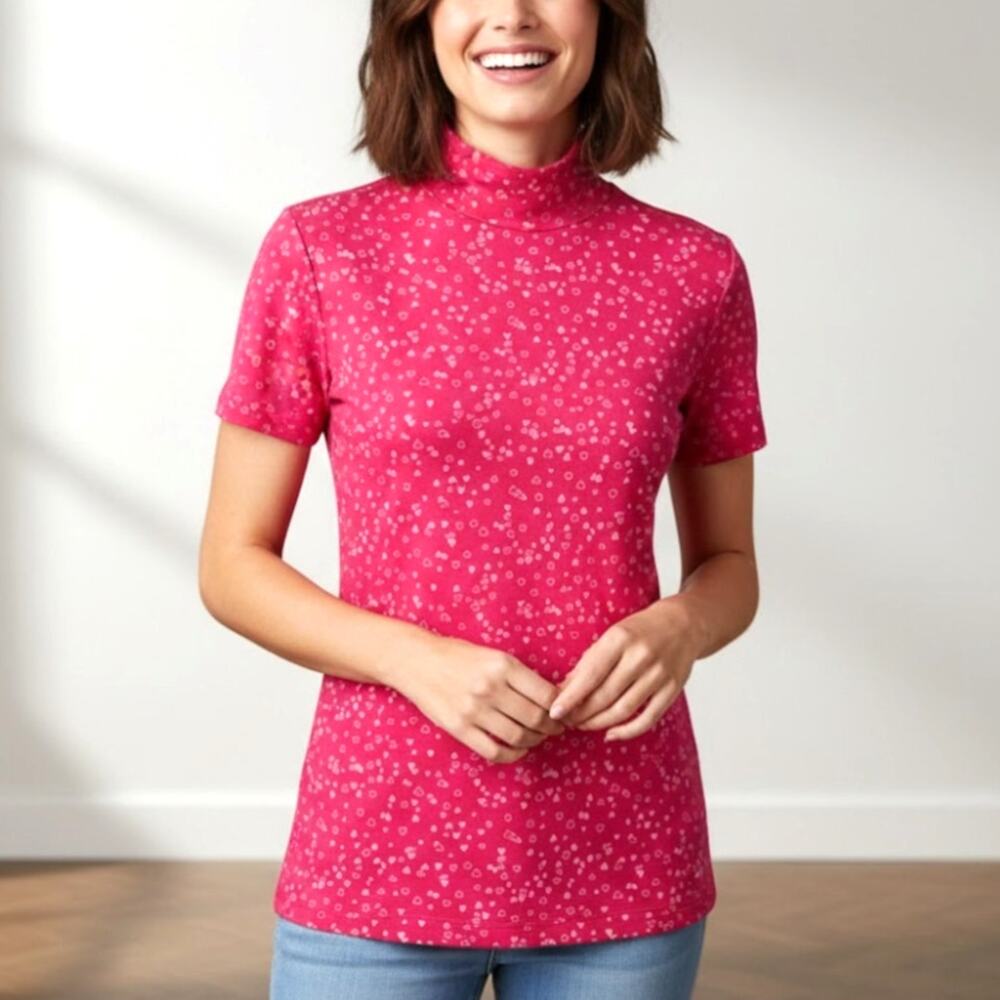 Vintage Y2K No Boundaries Turtleneck Tunic Top Cap Sleeve Valentine Hearts Pink